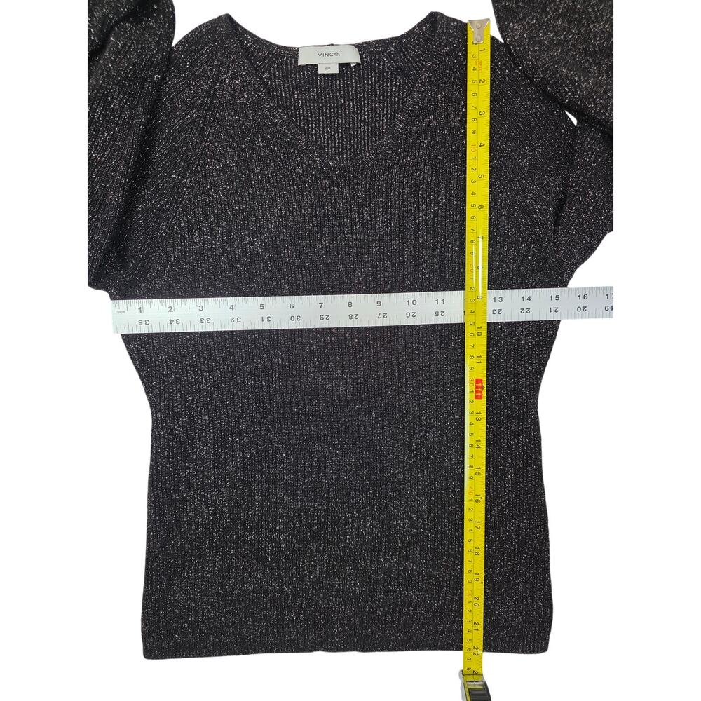 VINCE Black V-Neck Ribbed Sweater w/Metallic Shimmer Thread - Picture 9 of 10